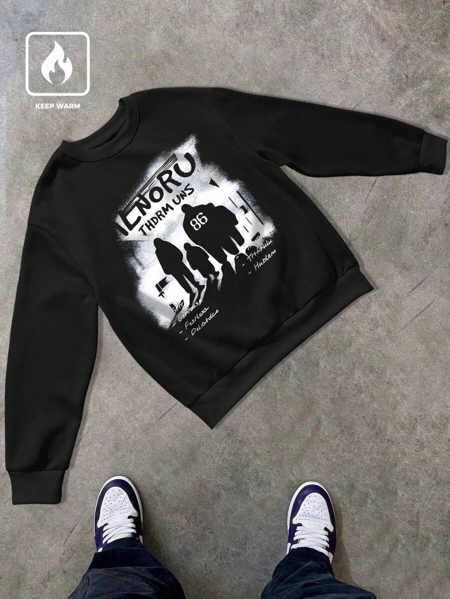 Manfinity EMRG 大码男士图案和字母印花圆领长袖运动衫外出黑色图案运动衫，适合朋友、丈夫、男朋友的礼物 - 黑色 - 查看 1