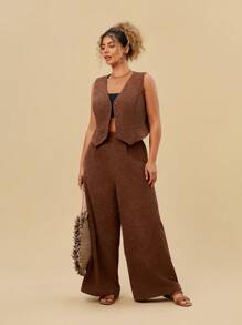 Travachic Plus Size 2pcs/Set Vest Cardigan And Wide Leg Pants Outfit
