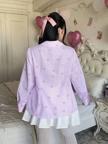 Flirla Plus Size Casual Striped Bow Print Shirt, Autumn - Multicolor - View 2