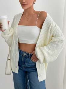 EURMUSE Áo len cardigan dệt kim màu trắng rộng rãi, dài tay, cổ chữ V, thời trang thu đông cho nữ - trắng - Xem 7