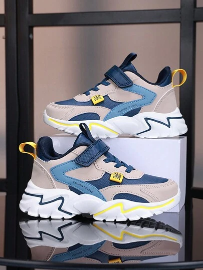 Kids Casual Chunky Sneakers For Autumn/Winter, Adjustable Hook And Loop Easy On/Off, Colorblock Upper, Thick Anti-Slip Durable Sole, Sports Shoes For School Students Colorful Sneakers