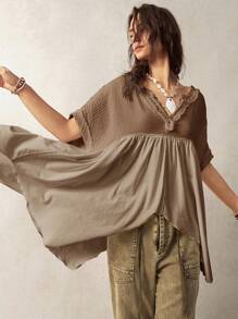 Bohemela Asymmetrical Hem Loose Splice White Blouse For Women,Short Sleeve Tops - Brown - View 3
