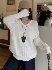 DAZY Suéter holgado de manga larga, cuello en V, de unicolor, casual para mujer