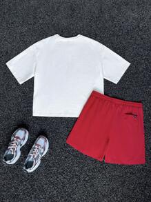 Manfinity VCAY Men's Loose Heart Print Crew Neck Short Sleeve T-Shirt Set, Suitable For Summer