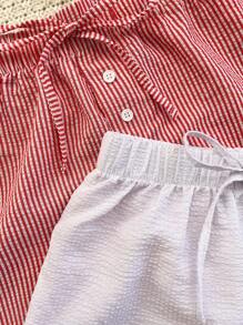 2件套女士休闲条纹系带前扣睡衣套装 - 彩色 - 查看 4