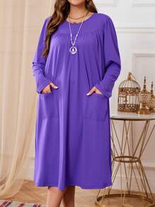 EMERY ROSE Plus Size Women's Solid Color Round Neck Long Sleeve Ruffle Pocket Casual Dress, Winter Clothes For Women - Purple - View 3