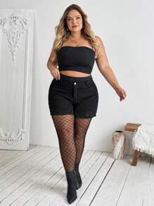 SHEIN CURVE+ CURVE PLUS /情人节/加大码女士透明网纱性感迷人黑色打底裤，情人节 - 黑色 - 查看 7