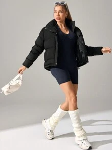 Women's Casual Black Zip-Up Padded Coat - Black - View 3