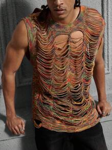 Manfinity EMRG Men's Crew Neck Sleeveless Ripped Knit Vest, Casual Everyday Wear, Men Rave Top, Men Crochet Top, Fishnet Top Men, Mesh Men Top, Knit Top Men