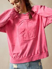 Bohemela 秋冬女士休闲纯色针织圆领宽松长袖运动衫 - 玫紅色 - 查看 7