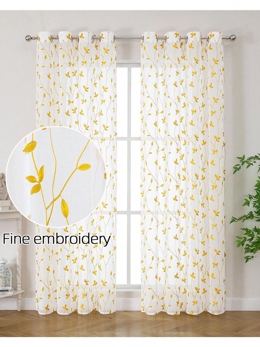 Vine And Leaf Embroidery Sheer Curtains, Multifunctional, Simple And Practical Home Decor Curtains For Living Room, Bedroom,Fall Decor,Autumn Decor,Room Decor - Yellow - View 1