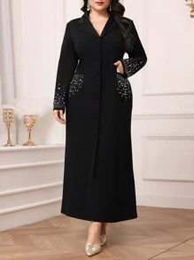 Modelyn Vestido largo de noche de talla grande, de manga larga con botones delanteros, decorado con cristales, vestido casual y sencillo - Negro - Ver 5