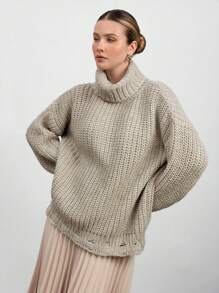 SHEIN Cottnline Kvinnor Enkel höghalsad långärmad enfärgad casual topp, dagligt slitage - Beige - Visa 3