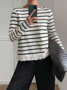 SHEIN Frenchy Women Crew Neck Long Sleeve Fringe Hem Striped Print Textured Waffle Casual T-Shirt,For Daily Wear,Old Money Simple,Suitable For Spring, Summer And Autumn,French Holiday Outfits Winter - Multicolor - View 7
