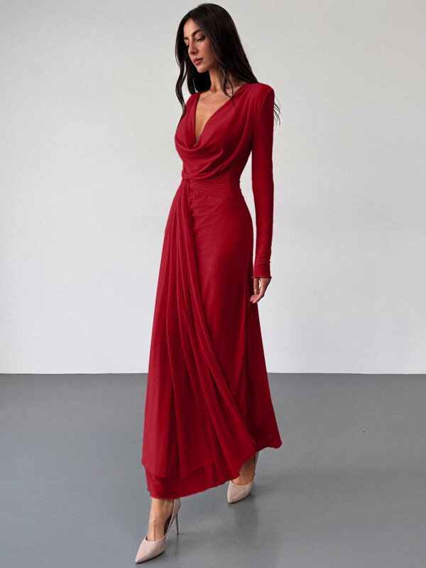 Aloruh Romantic Deep Draped Neck Long Sleeve Fitted Sheer Dress, Apricot Color, For Going Out,Summer Dresses For Women,Tea Party Dress