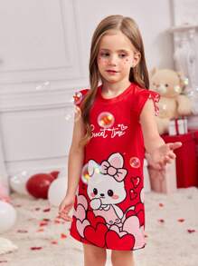 SHEIN Young Girl Rabbit Cartoon & Heart Pattern A-Line T-Shirt Dress For Valentine's Day - Multicolor - View 6