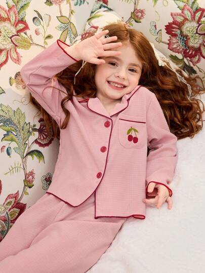 2pcs Young Girl Simple Cute Coral Pink Cherry Embroidered Long Pants And Loose Fit Long Sleeve Homewear Set