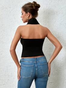 SHEIN ICON 女性夏季純色披肩領露背性感背心連領圍 - 黑色 - 查看 2