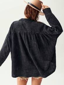 Bohemela Women's Casual Solid Color Woven Turn-Down Collar Open Front Short Sleeve Loose Long Shirt - Black - View 7