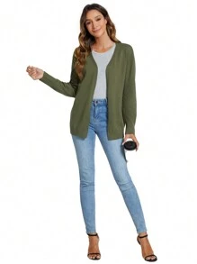 SHEIN LUNE 女士橄榄绿色针织开衫，百搭轻便前开衫，适合秋冬季 - 橄欖綠 - 查看 6