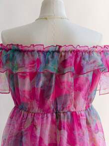 Soleia 大码女式露肩 A 字中长连衣裙，欧根纱花卉印花，秋冬季节日连衣裙 - 彩色 - 查看 6