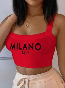 SHEIN Slayr MILANO 女士休闲标语图案短款吊带背心，春夏 - 紅色 - 查看 1