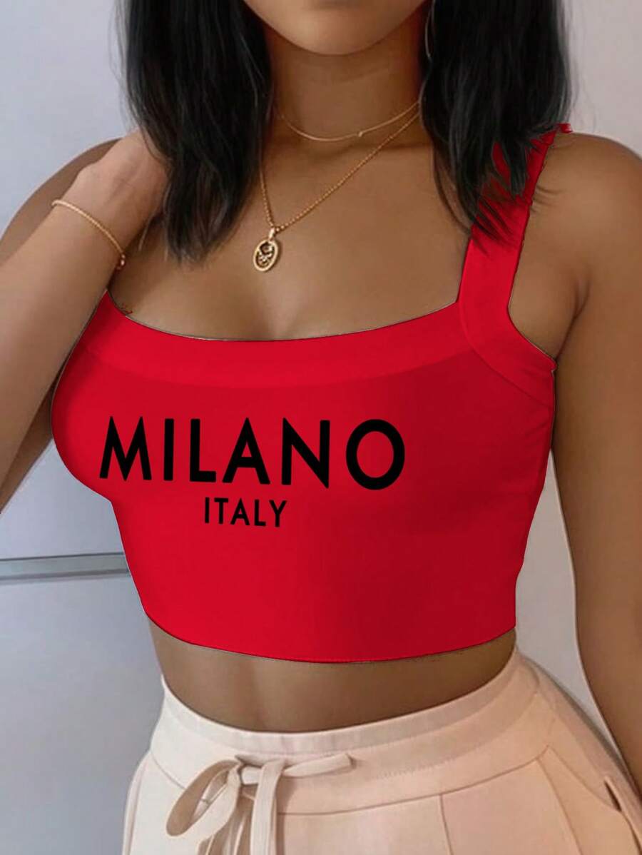 SHEIN Slayr MILANO 女士休闲标语图案短款吊带背心，春夏 - 紅色 - 查看 1
