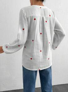Cottnline Heart Print Lantern Sleeve Blouse - White - View 2