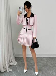 Elenzga Women's High-End Design Sense Color Block Collared Long Sleeve Jacket & Pleated Hem Dress Set, Spring Autumn Fall Cloth For Women