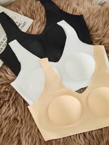 3 件装基本款舒适粘合简约风格无缝吊带背心胸罩，带可拆卸衬垫，无钢圈，无袖设计 - 彩色 - 查看 6