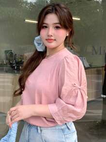 Dazy Petite Plus Plus Size Solid Color Fabric Patchwork Crew Neck Bowknot Sleeve 3/4 Length Sleeve Pullover T-Shirt, Spring/Summer - Pink - View 6