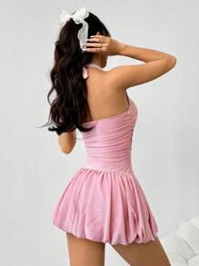 Muchica Women's Pink Knit Metallic Thread Detail Neck Tie Fit & Flare Mini Dress