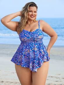 Swim Lushoire Plus Size Random Print 2 Pieces Modest Tankini Summer