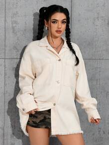 SHEIN EZwear 女士纯色牛仔夹克，休闲时尚，适合日常穿着 - 杏色 - 查看 1