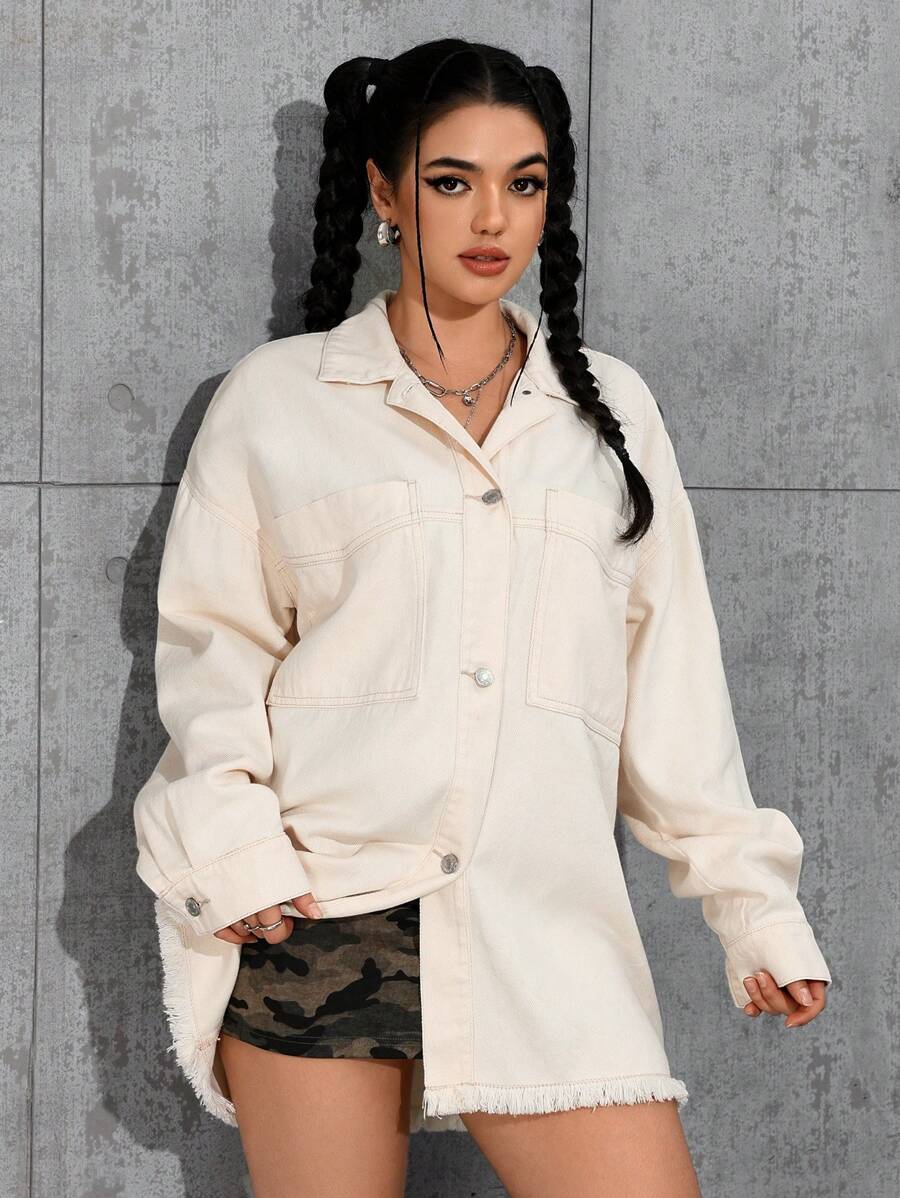 SHEIN EZwear 女士纯色牛仔夹克，休闲时尚，适合日常穿着 - 杏色 - 查看 1