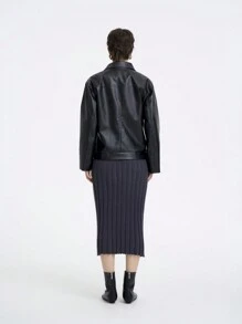 SHEIN LUNE 1 件女式常规拉链仿皮黑色夹克 - 黑色 - 查看 2