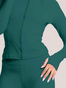 Musera Sport Full Zip Slinky High Neck Long Sleeve Fitted Top Jacket , Padel, Tennis, Pickleball Gym Fitness Winter - Dark Green - View 3