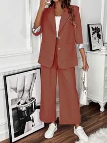 SHEIN Clasi Women's Solid Color Button Front Pocket Blouse And Trousers Suit Set - Red - View 4