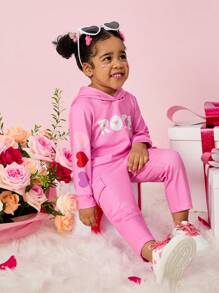女婴字母印花休闲连帽衫和裤子套装 - 粉色 - 查看 5