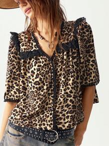 Bohemela Casual Chiffon Leopard Print V-Neck Puff Sleeve Blouse For Women