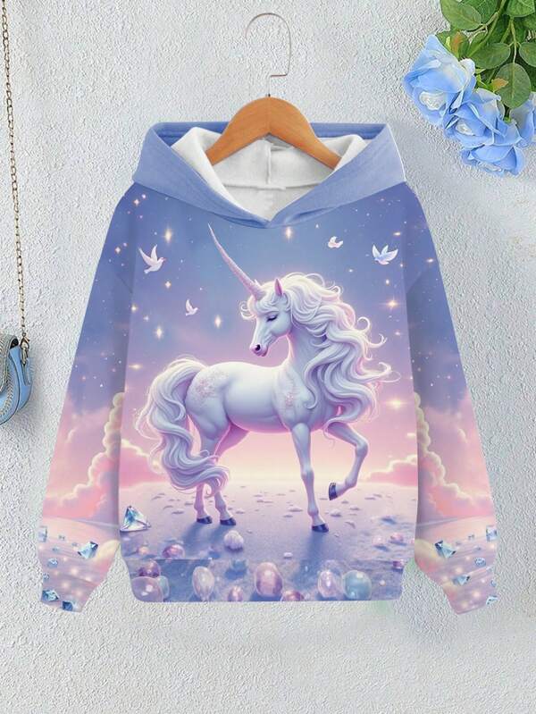 SHEIN GraphicGems Tween Girls Teens Hooded Sweatshirt 3D Schattige Eenhoorn Blauw Roze Gradiënt Hemel & Strass Kunstparel Casual Digitale Allover Print Comfortabele Herfst/Winter