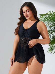 SHEIN Swim Curve 2pcs Plus Size Women Lace Up Hollow Out Lace Drawstring Elegant Plus Size Swimsuit Summer - Black - View 3