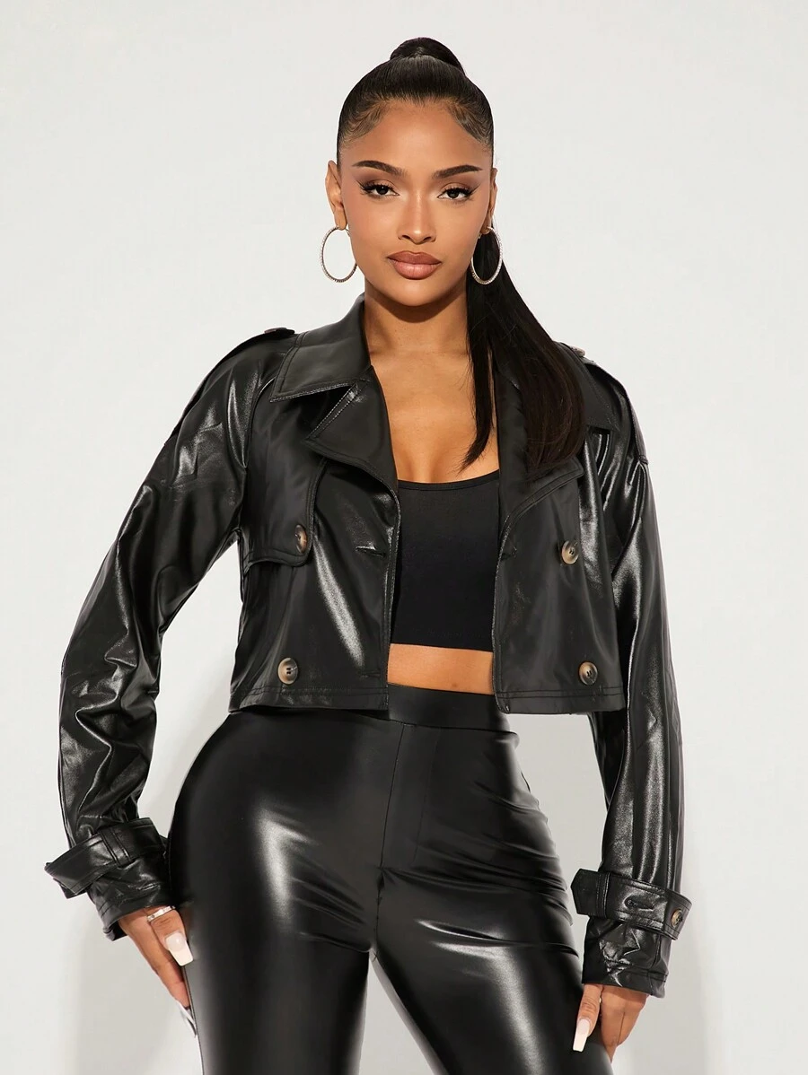 SHEIN SXY Versatile Black PU Motorcycle Jacket, Sexy & Stylish, Autumn/Winter - Black - View 1