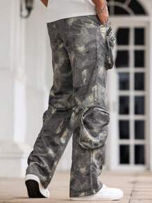 Manfinity LEGND Pantalones de camuflaje con múltiples bolsillos y cremallera 3D para hombres, ropa de calle, estilo de INS, apropiado para Año Nuevo, raperos, regalo para novio - Gris Oscuro - Ver 3