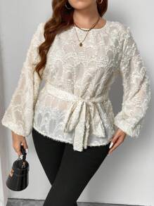 SHEIN Frenchy Plus Size Women Jacquard Round Neck Lantern Sleeve Casual Shirt, Autumn - Apricot - View 1