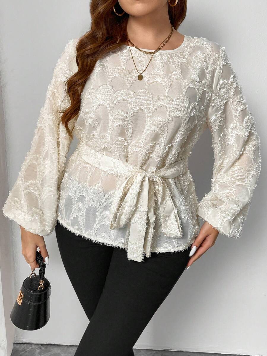 SHEIN Frenchy Plus Size Women Jacquard Round Neck Lantern Sleeve Casual Shirt, Autumn - Apricot - View 1
