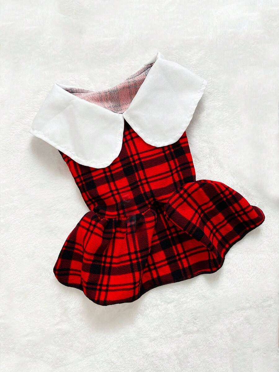 PETSIN 1 件圣诞红黑格子宠物连衣裙，优雅的法式风格衣服 - 彩色 - 查看 1