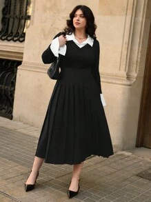 SHEIN Clasi Plus Size Solid Color Patchwork Long Sleeve Simple T-Shirt, Casual Everyday Wear - Black - View 5