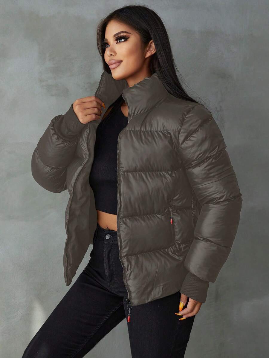 EURMUSE 女式立領棉裝外套 - 灰色 - 查看 1