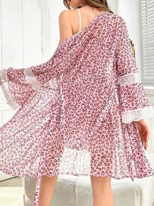 Contrast Color Lace Patchwork Heart Print Mesh Sexy Pajama Set